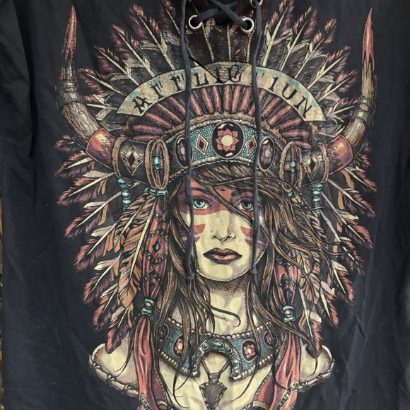Affliction Inked Women's Lace Up T Shirt Medium Tribal Indian Edgy - Picture 2 of 4